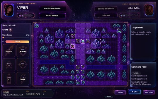 Viper faces Blaze across a purple tactical map of mountains, forests, and strategic structures.