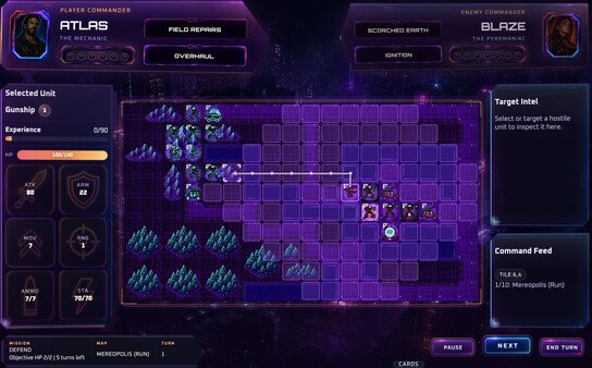 Atlas commands units across the Metropolis battlefield against Blaze during a defense mission.
