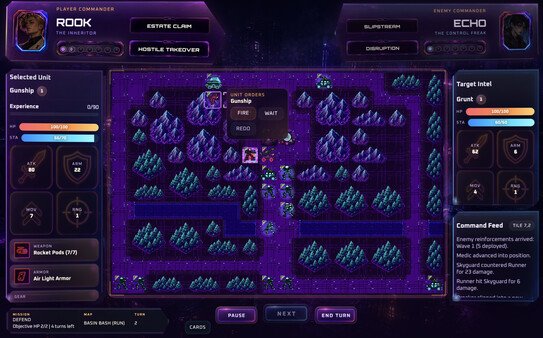 A gunship is selected with fire orders available and an enemy grunt's statistics in the target panel.