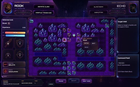 A grunt's unit orders offer enter and wait beside strategic structures on the Basin Bash map.