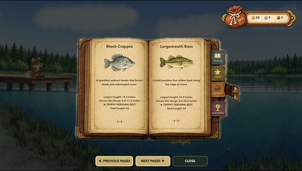 An open fishing journal records black crappie and largemouth bass, including sizes and personal best catches.